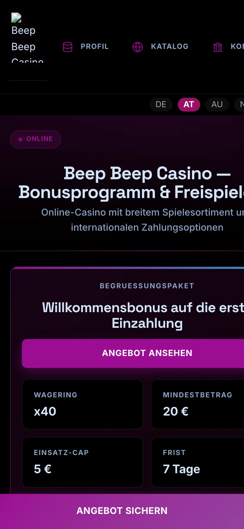 Beep Beep Casino mobile lobby screenshot