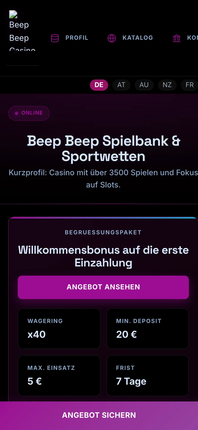 Beep Beep Casino mobile lobby screenshot