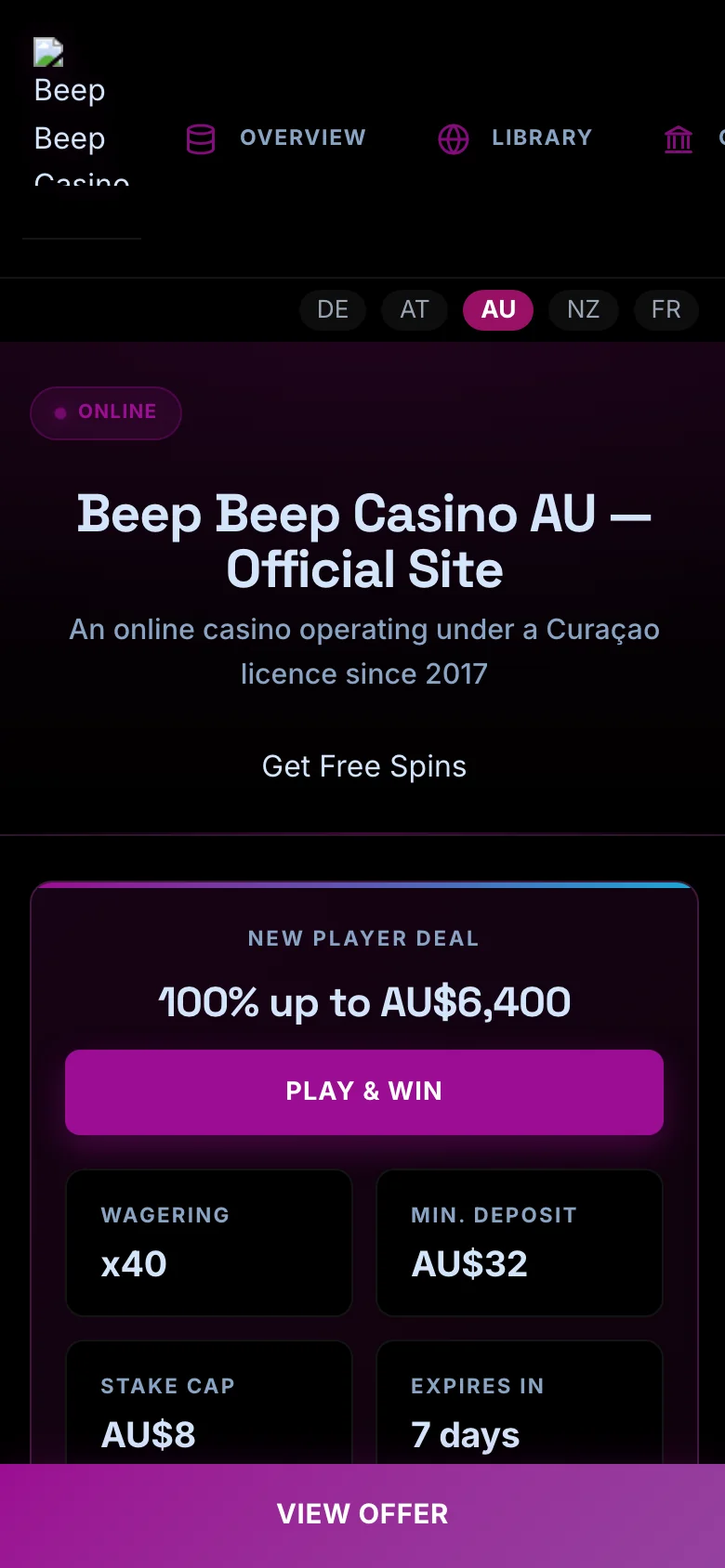 Beep Beep Casino mobile lobby screenshot