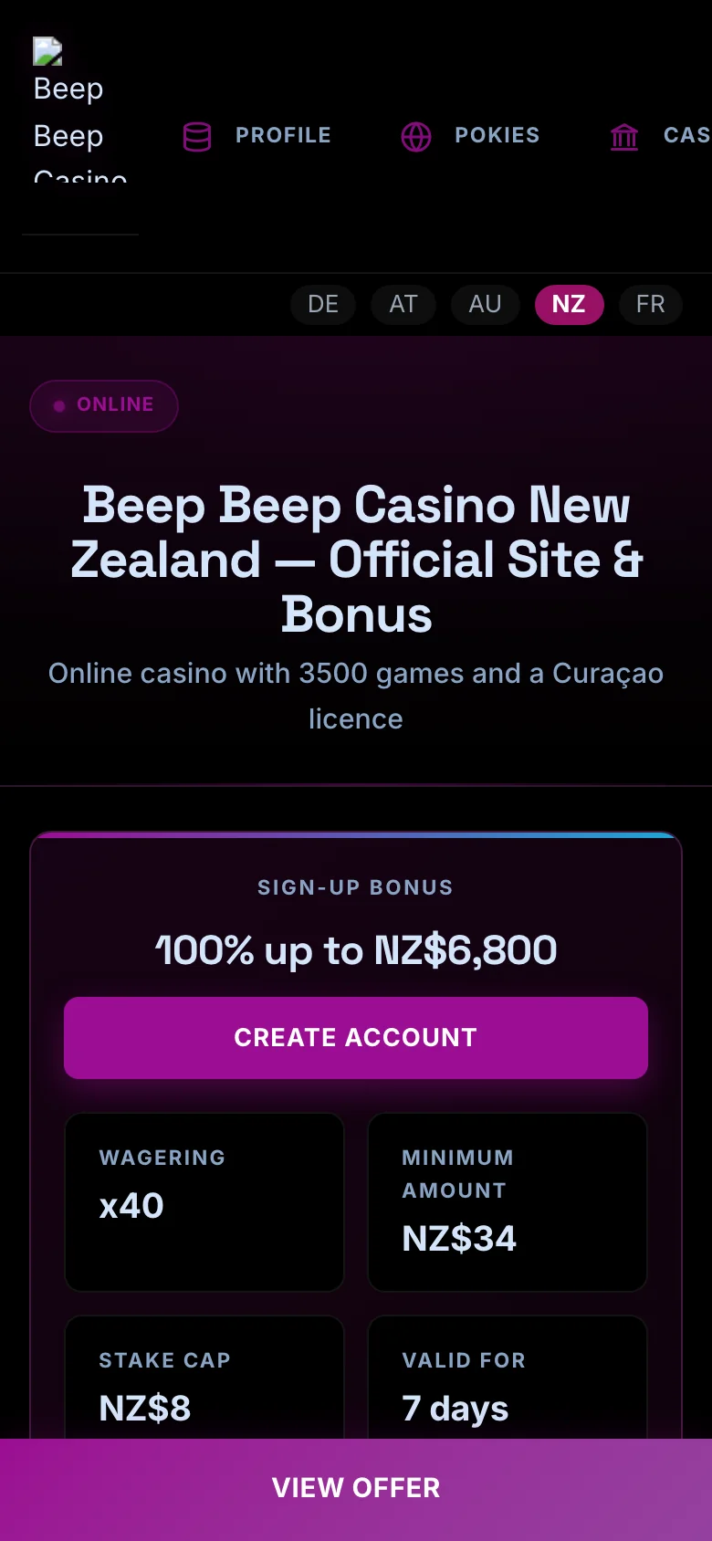 Beep Beep Casino mobile lobby screenshot