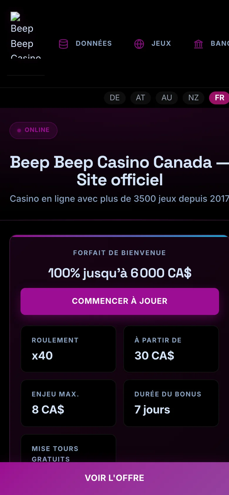 Beep Beep Casino mobile lobby screenshot